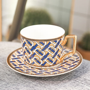 British Style Luxury Moroccan Coffee Cup and Saucer Set with Gold Handel Ceramic Cappuccino Afternoon Tea Cup 250ml