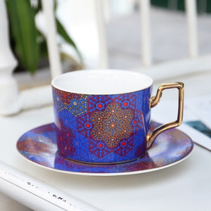 British Style Luxury Moroccan Coffee Cup and Saucer Set with Gold Handel Ceramic Cappuccino Afternoon Tea Cup 250ml