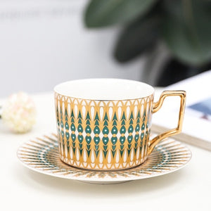 British Style Luxury Moroccan Coffee Cup and Saucer Set with Gold Handel Ceramic Cappuccino Afternoon Tea Cup 250ml