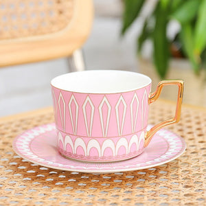 British Style Luxury Moroccan Coffee Cup and Saucer Set with Gold Handel Ceramic Cappuccino Afternoon Tea Cup 250ml