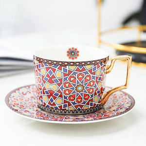 British Style Luxury Moroccan Coffee Cup and Saucer Set with Gold Handel Ceramic Cappuccino Afternoon Tea Cup 250ml