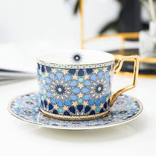 Load image into Gallery viewer, British Style Luxury Moroccan Coffee Cup and Saucer Set with Gold Handel Ceramic Cappuccino Afternoon Tea Cup 250ml
