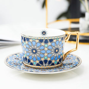 British Style Luxury Moroccan Coffee Cup and Saucer Set with Gold Handel Ceramic Cappuccino Afternoon Tea Cup 250ml