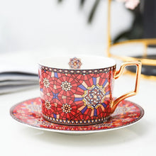 Load image into Gallery viewer, British Style Luxury Moroccan Coffee Cup and Saucer Set with Gold Handel Ceramic Cappuccino Afternoon Tea Cup 250ml
