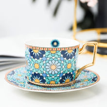 Load image into Gallery viewer, British Style Luxury Moroccan Coffee Cup and Saucer Set with Gold Handel Ceramic Cappuccino Afternoon Tea Cup 250ml
