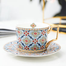 Load image into Gallery viewer, British Style Luxury Moroccan Coffee Cup and Saucer Set with Gold Handel Ceramic Cappuccino Afternoon Tea Cup 250ml
