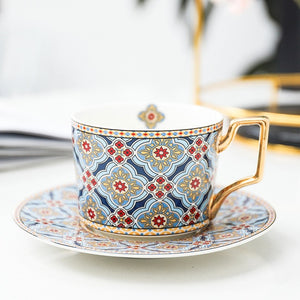 British Style Luxury Moroccan Coffee Cup and Saucer Set with Gold Handel Ceramic Cappuccino Afternoon Tea Cup 250ml